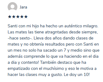 Reseña de Jara, 5 estrellas: cuenta que su hijo de sexto consiguió un 7 y medio, comprendía mejor las matemáticas y estaba más motivado.